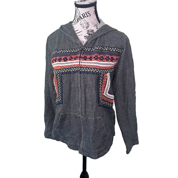 Lucky Lotus Embroidered Zip Hoodie Gray Southwest Boho Cotton Jacket Size Large - Picture 2 of 11